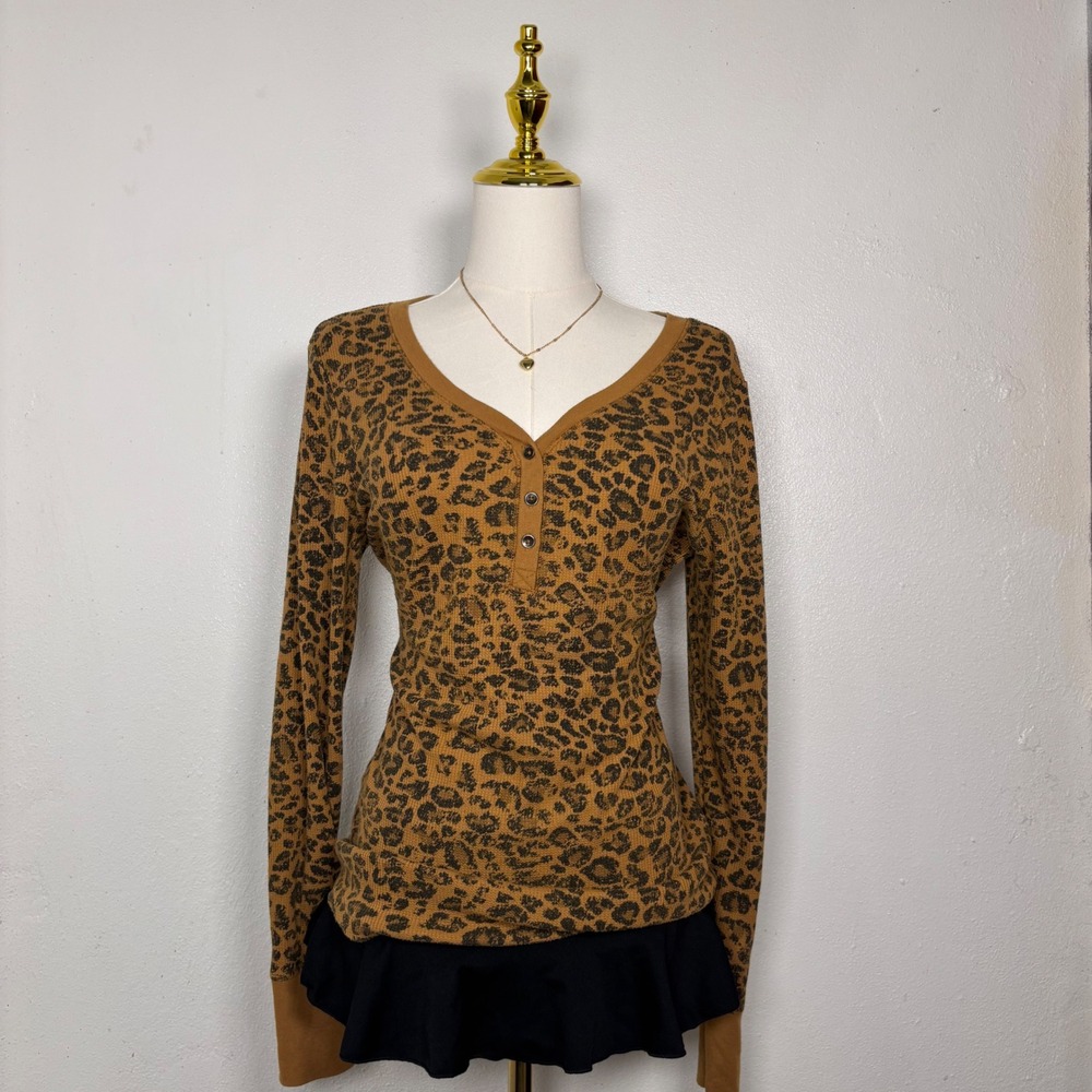 leopard print long sleeve sweater blouse henley coquette y2k preppy western chic
